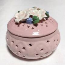 フラワー小物入れ 陶器 ポプリポット 直径約10.5cm ピンク色 洋風 飾り 置物 【3955】_画像8