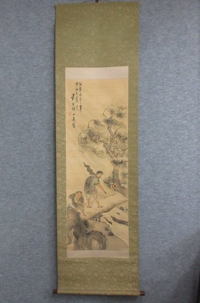 Auténtico rollo colgante para pescar [B33072] Longitud 193 cm Ancho 55 cm Libro de seda Medio Baño Paisaje Tokonoma Decoración Juguete antiguo Arte antiguo, cuadro, pintura japonesa, paisaje, Fugetsu