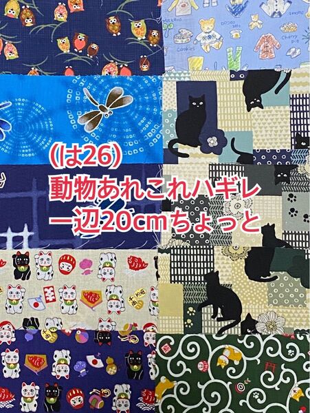 (↓100円)(は26) 動物柄の入った一辺20cmちょっとハギレ10枚（50枚迄メール便可能です。お値段は下記をご覧下さい)