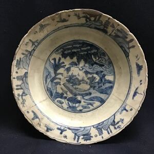 中国美術　明代　古染付　青華鹿図大皿　絵皿　飾皿　砂高台　直径37cm