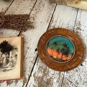 ハワイ製 80s ヴィンテージ*K&S*ウッド オーナメント プレート*木彫り 飾り皿*夕焼け サンセット ホノルル*ビンテージ*アンティーク