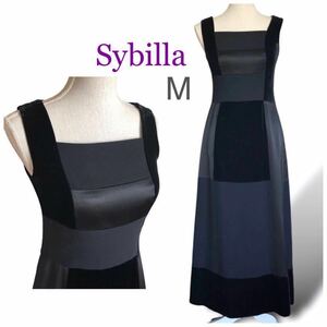 Sybilla シビラ ベルベット×サテン ロングワンピース ドレス フォーマル ノースリーブ Aライン Mサイズ9号 黒 ブラック マキシ パーティー