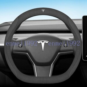 テスラ TESLA◎D型◎ハンドルカバー ステアリングカバー コンパス ハンドル保護 38CM 専車ロゴ アルカンターラ調 滑り止め◎ブラック花柄