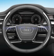 ◎アウディ AUDI◎ブラック◎ハンドルカバー ステアリングカバー コンパス ハンドル保護 専車ロゴ レザー+炭素繊維 O型 38CM_画像1