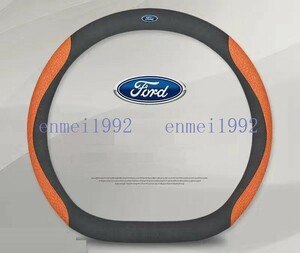 フォード FORD◎D型◎ハンドルカバー ステアリングカバー コンパス ハンドル保護 38CM 専車ロゴ アルカンターラ調 滑り止め◎オレンジ花柄