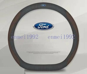 フォード FORD◎D型◎ハンドルカバー ステアリングカバー コンパス ハンドル保護 38CM 専車ロゴ アルカンターラ調 滑り止め◎カレー色花柄