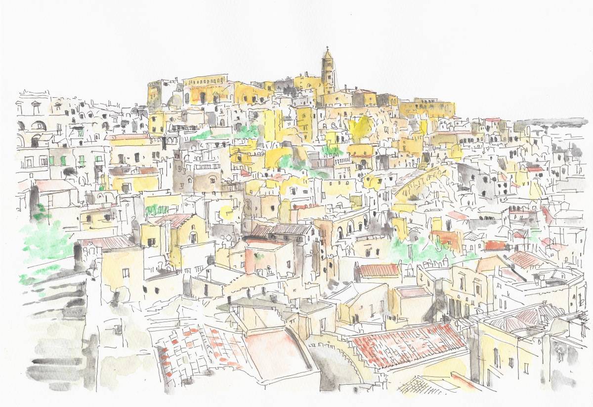 Paysage urbain du patrimoine mondial, Italie, Habitations troglodytes de Matera B, aquarelle, F4, papier à dessin, dessin original, Peinture, aquarelle, Nature, Peinture de paysage