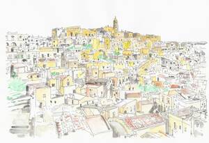 世界遺産の街並み・イタリア・『マテーラの洞窟住居群　B』・水彩画・F4・画用紙・原画