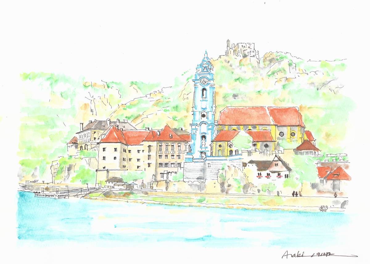 World Heritage Townscape, Austria, Bachau Valley, F4 Drawing Paper, Watercolor Original, Painting, watercolor, Nature, Landscape painting