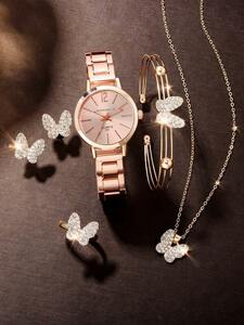 腕時計 レディース セット ファッショナブルな女性用のシンプル&エレガントな亜鉛合金時計1個と丸い蝶の形のジュエリー5個セット、女