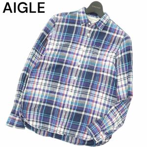 AIGLE エーグル 麻 リネン★ 長袖 ワーク チェック シャツ Sz.S　メンズ アウトドア　A3T11286_9#A