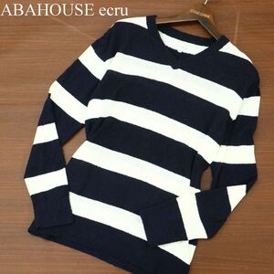 ABAHOUSE ecru アバハウス エクリュ 秋冬 ボーダー★ Vネック ニット セーター Sz.46　メンズ ネイビー × 白　A3T11292_9#K