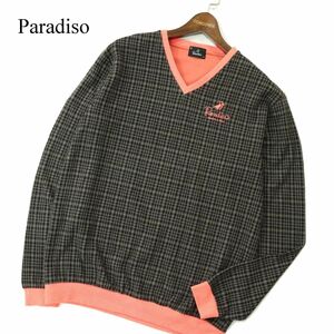 Paradiso パラディーゾ 秋冬 ロゴ刺繍 千鳥チェック★ Vネック トレーナー Sz.LL　メンズ 灰 ゴルフ 日本製 大きいサイズ　A3T11384_A#E