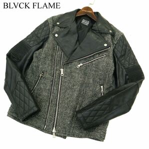 BLACK FLAME ブラックフレイム フェイク レザー切替 ウール混 ツイード ダブル ライダース ジャケット ブルゾン Sz.2 メンズ A3T11623_A#Nの画像1