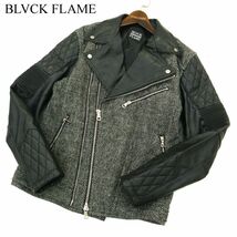 BLACK FLAME ブラックフレイム フェイク レザー切替 ウール混 ツイード ダブル ライダース ジャケット ブルゾン Sz.2 メンズ　A3T11623_A#N_画像1