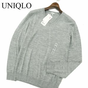 【新品 未使用】 UNIQLO ユニクロ ウール100％ エクストラ ファイン メリノ Vネック ニット セーター Sz.M　メンズ 灰　A3T11733_A#K