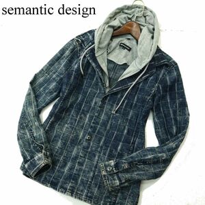 semantic design セマンティック デザイン パーカー レイヤード風★ USED加工 チェック デニム ジャケット Sz.M　メンズ 　A3T12201_A#O