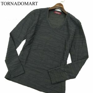 TORNADOMART トルネードマート イタリア製生地★ タック ジャガード 長袖 Vネック カットソー Tシャツ Sz.L　メンズ グレー　A3T12228_A#F