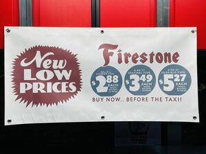 Firestone ファイヤーストーン プライス ビニール バナー アメリカ ハーレー ガレージ 雑貨 アメ車 シボレーフォード 世田谷当時 北米 USDM