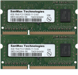 SanMax Technologies DDR3-1600 (PC3-12800S) 4GBx2枚 合計8GB ノートPC用 SMD3-S4G28HA-16K 両面実装(1Rx8) 動作確認済【中古】H721
