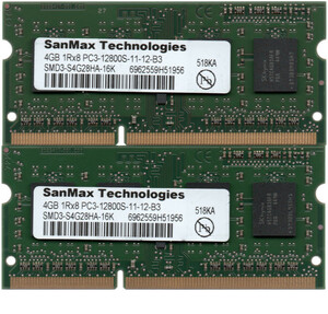 SanMax Technologies DDR3-1600 (PC3-12800S) 4GBx2枚 合計8GB ノートPC用 SMD3-S4G28HA-16K 両面実装(1Rx8) 動作確認済【中古】H799