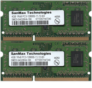 SanMax Technologies DDR3-1600 (PC3-12800S) 4GBx2枚 合計8GB ノートPC用 SMD3-S4G28HA-16K 両面実装(1Rx8) 動作確認済【中古】H710