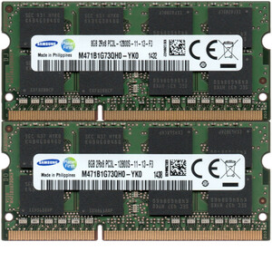 【DDR3 8GBx2枚 合計16GB ノートPC用】＜動作確認済＞SAMSUNG 低電圧 1.35V DDR3L-1600 (PC3L-12800S) M471B1G73QH0-YK0 2枚【中古】H771