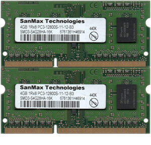 SanMax Technologies DDR3-1600 (PC3-12800S) 4GBx2枚 合計8GB ノートPC用 SMD3-S4G28HA-16K 両面実装(1Rx8) 動作確認済【中古】H807