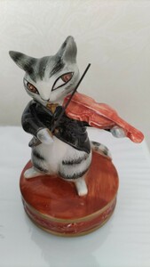 猫 ダヤン オルゴール 陶器 バイオリン
