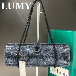 未使用 超美品 LUMY ルミー はしもと ビーズバッグ ハンドバッグ ミニバッグ パーティバッグ LA1255 ネイビーグレー 皇室御用達 最落無