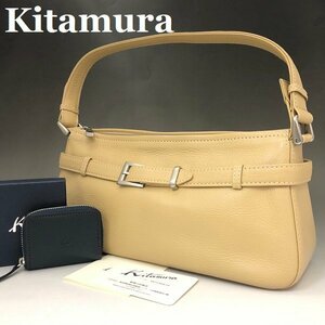 未使用 美品 Kitamura キタムラ 上質本革 ハンドバッグ コインケース 2点セット シュルダーバッグ 小銭入れ ベージュ/ネイビー レザー