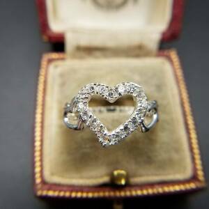  Heart open Work rhinestone Vintage 925 silver ring a-ru deco ring Showa Retro accessory ... possible .YMM①3