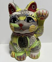デニムまねき猫 招き猫　陶器　ラインストーン　手作り　一品物　カスタム　アート　置物_画像1