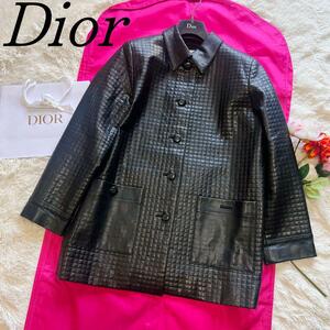 【良品】Christian Dior レザーロングジャケット ブラック 襟 クリスチャンディオール 黒