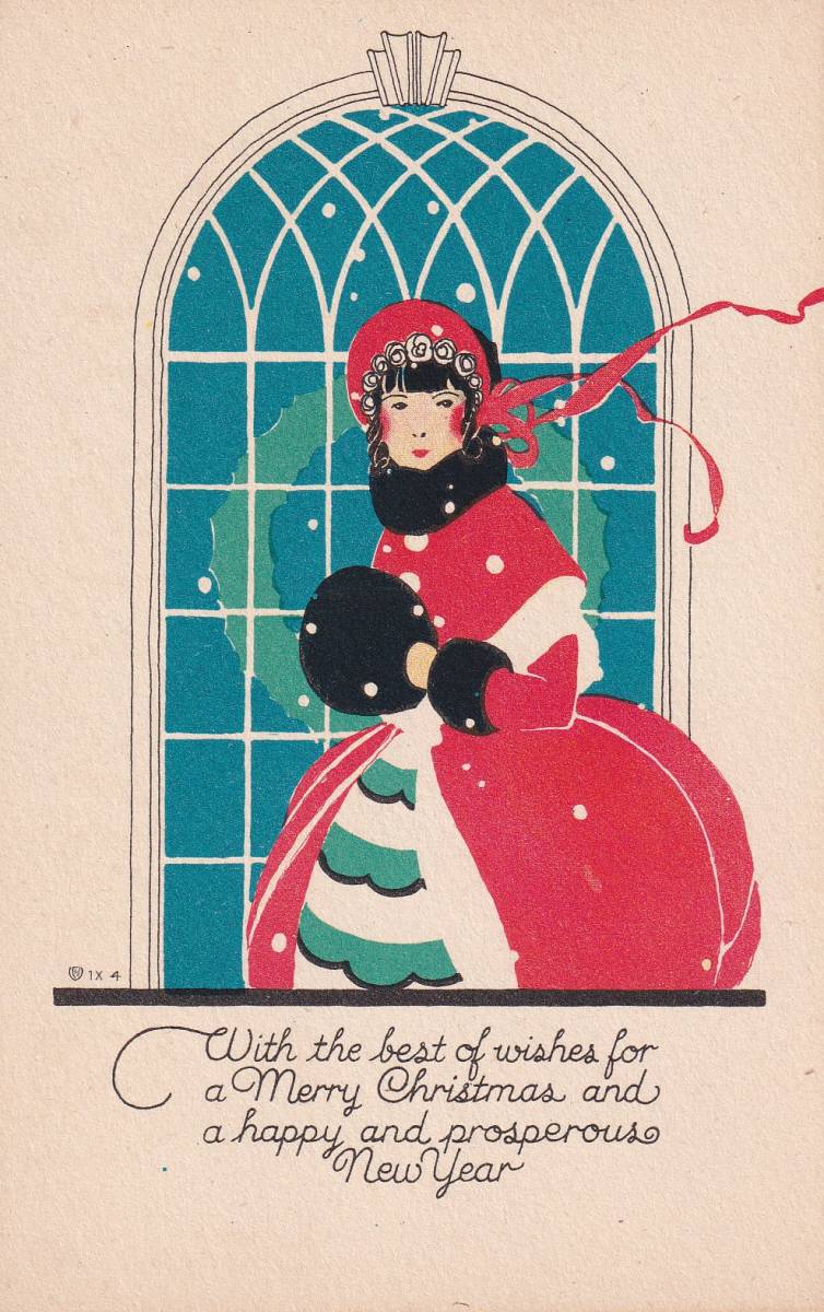 Antique postcard Christmas lady holding a muff Art Nouveau, Printed materials, Postcard, Postcard, others