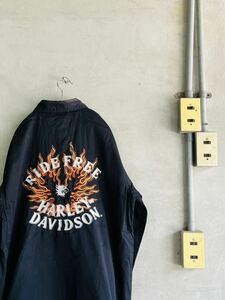 90s 90年代 00s 2000年代 Y2K ハーレーダビットソンファイヤー イーグル HarleyDavidson RIDE FREE 長袖シャツ 刺繍 黒 ビンテージ 古着XL