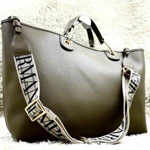 1円〜 極美品 EMPORIO ARMANI エンポリオアルマーニ メンズ ビジネス トートバッグ ハンド2wayショルダー ロゴ チャーム レザー カーキ