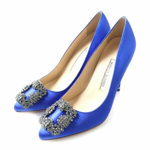 未使用品★MANOLO BLAHNIK マノロブラニク ハンギシ85 ビジュー装飾 ポインテッドトゥ サテン パンプス ブルー 37 イタリア製 箱・保管袋付