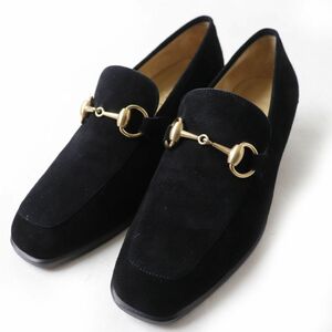 美品☆GUCCI グッチ 101 0383 スウェードレザー チャンキーヒール ホースビットローファー/モカシン ブラック×ゴールド 伊製 36Ｃ 箱付き