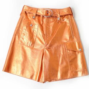  superior article * regular goods MIUMIU MiuMiu 2016 year lambskin metallic belt attaching leather culotte pants orange 40 lady's Italy made 