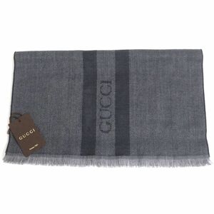 未使用品▼GUCCI グッチ 544628 シェリーライン×ヘリンボーン ウール100% マフラー/ショール グレー 伊製 メンズ 正規品 箱・タグ付き