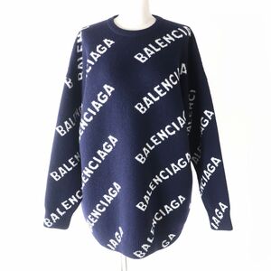 極美品△正規品 BALENCIAGA バレンシアガ 20SS 620983 ALLOVER LOGO クルーネック ジャガードロゴ ニット セーター レディース ネイビー M