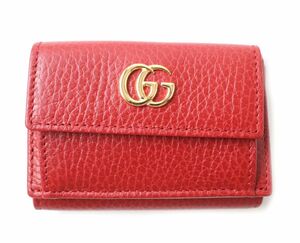 未使用品★GUCCI グッチ 523277 GGマーモント レザー コンパクトウォレット／3つ折り財布 レディース レッド×ゴールド金具 伊製 箱・袋付