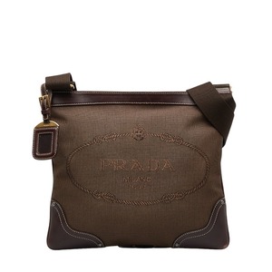 プラダ ロゴジャガード 斜め掛け ショルダーバッグ ブラウン カーキ キャンバス レザー レディース PRADA【中古】