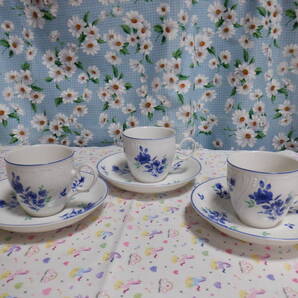 C10『マルイ(MARUI)★青い花柄模様のカップ&ソーサー~3客まとめて 日本製』~箱なし 長期保管品
