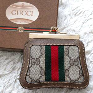 【未使用に近い 箱付】GUCCI オールド グッチ 小銭入れ GG シェリーライン レザー PVC コインケース がま口 紙タグあり ブラウン ゴールド