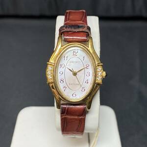 ●【YH-6808】中古品 SEIKO セイコー QZ 1F21-5F50 エクセリーヌ 6P ダイヤ オーバル ピンク系シェル文字盤 レディース 腕時計 現状不動