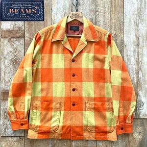 【新品同様】BEAMS+ ビームスプラス ウール チェック柄 カバーオール シャツ ジャケット L オレンジ×イエロー