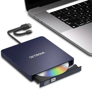 DETROVA DVDドライブ 外付け USB3.0&Type-C両用ケーブル Window/Linux/Mac OS対応 読み出し&書き込み エラー校正 TYPE-Cコネクター付き 