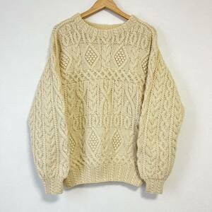 ★HAND MADE KNIT ハンド メイド ニット★3D ニット セーター トップス ウール 厚手 アラン 柄 カジュアル 暖か アイボリー メンズ/DD6558